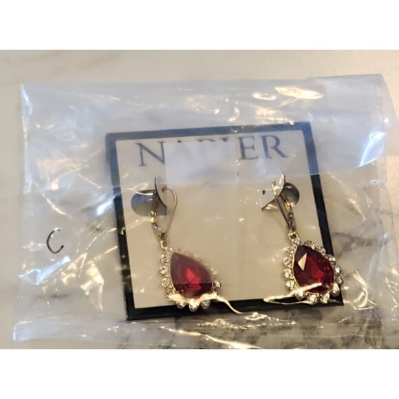 Napier Gold-Tone Leverback Earrings Red Teardrop Gemstone Clear Crystal Accents - Picture 2 of 5
